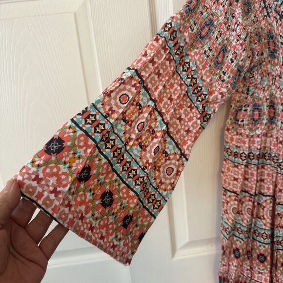 Torrid 3X Mosaic Print Smocked Bell Sleeve Mini Dress Off Shoulder Boho Rayon - Picture 5 of 8